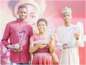 Indomie Heroes Award Winners, Kundushima Kwana for Physical Bravery Category, Khalifa Aminu for Intellectual Bravery Category, and Mary Timbee for Social Bravery Category